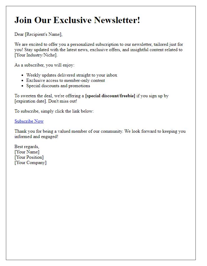 Letter template of a personalized newsletter subscription offer