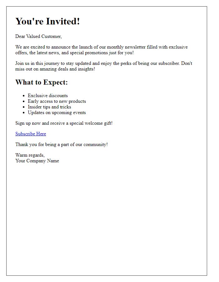 Letter template of a promotional newsletter invitation