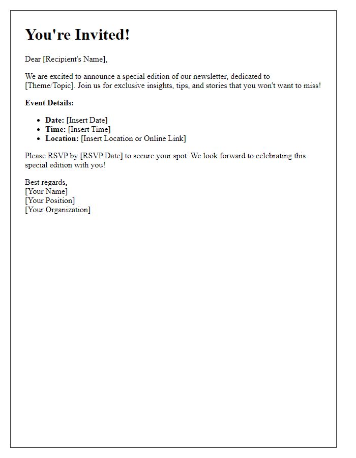 Letter template of a special edition newsletter invitation