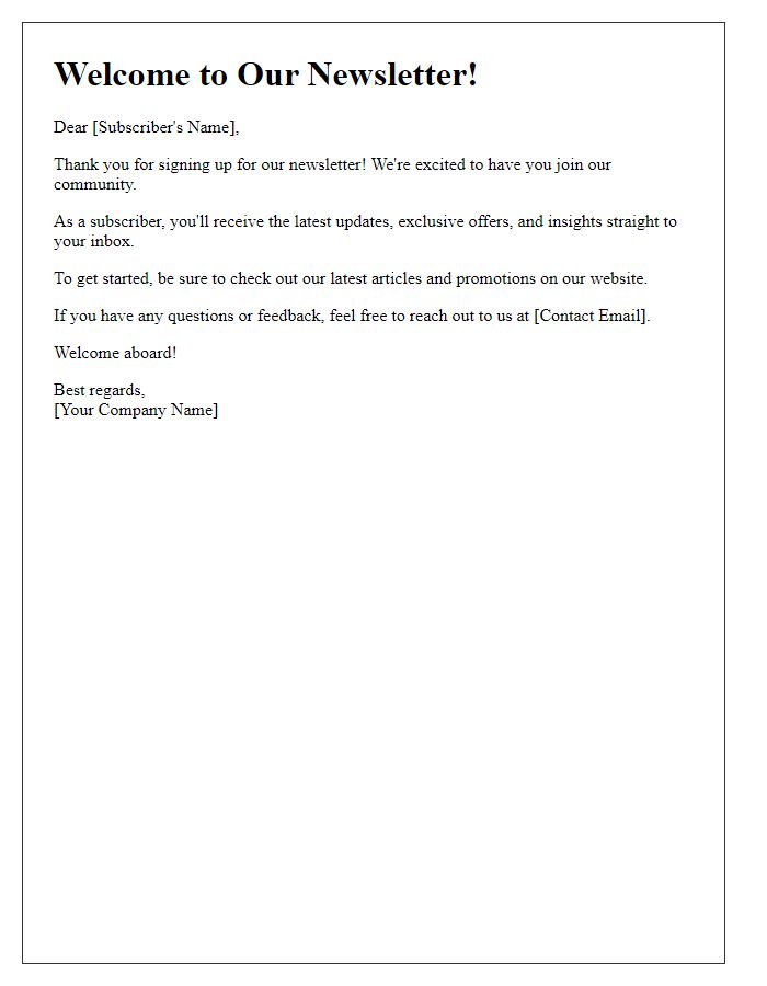 Letter template of a welcome email for newsletter sign-up