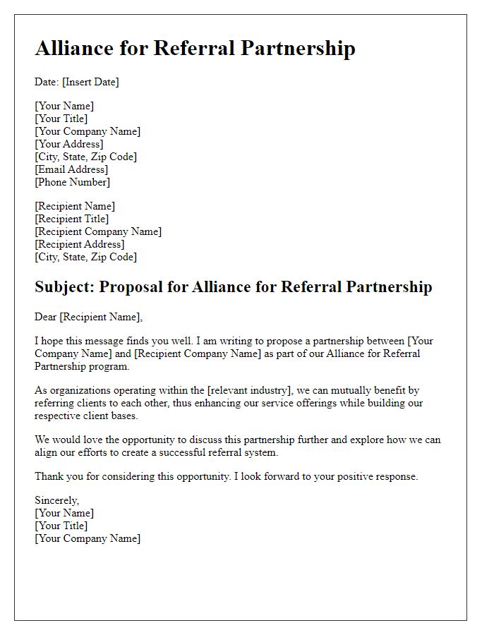 Letter template of Alliance for Referral Partnership