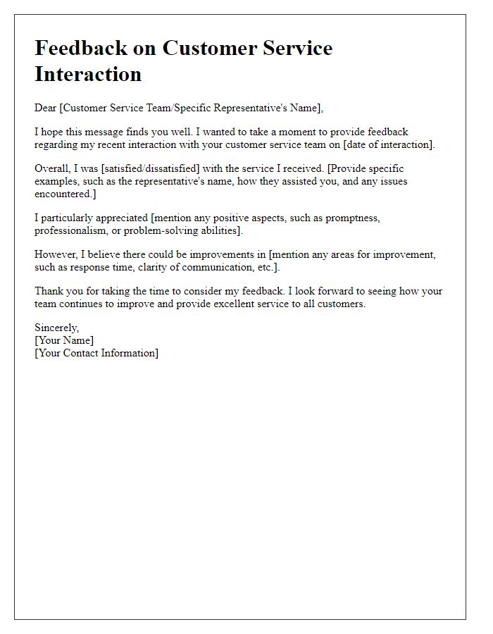 Letter template of comments on customer service interaction