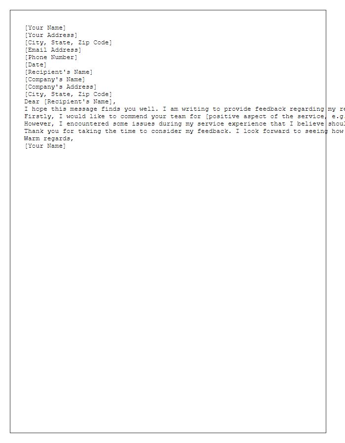 Letter template of feedback regarding service quality experience