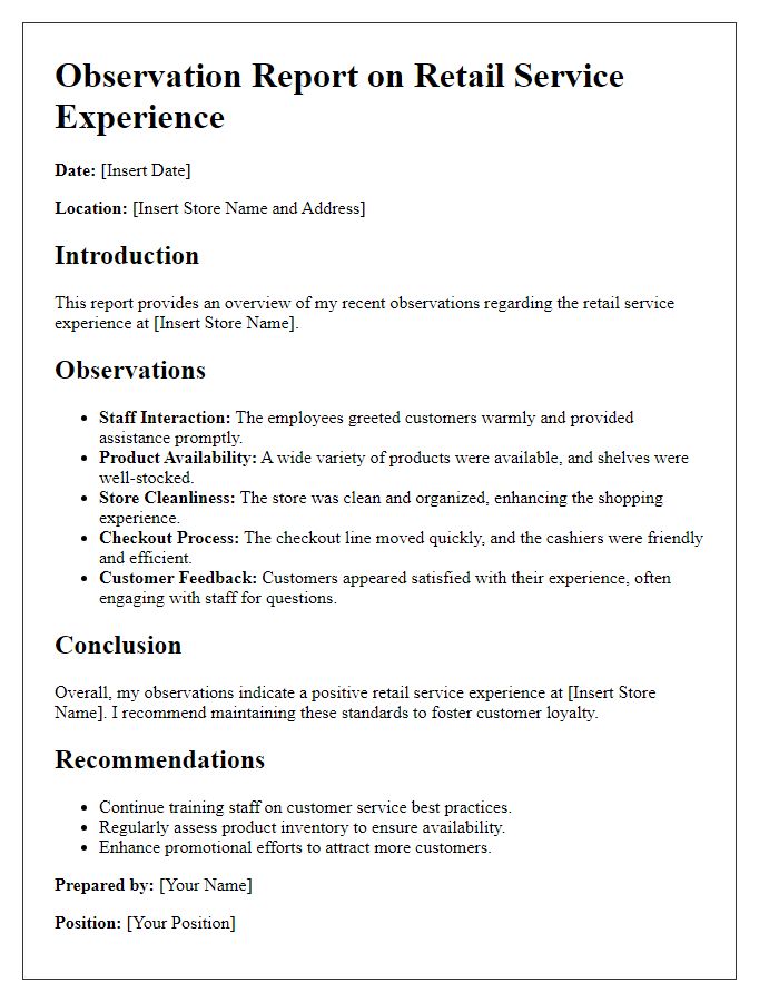 Letter template of observations on retail service experience