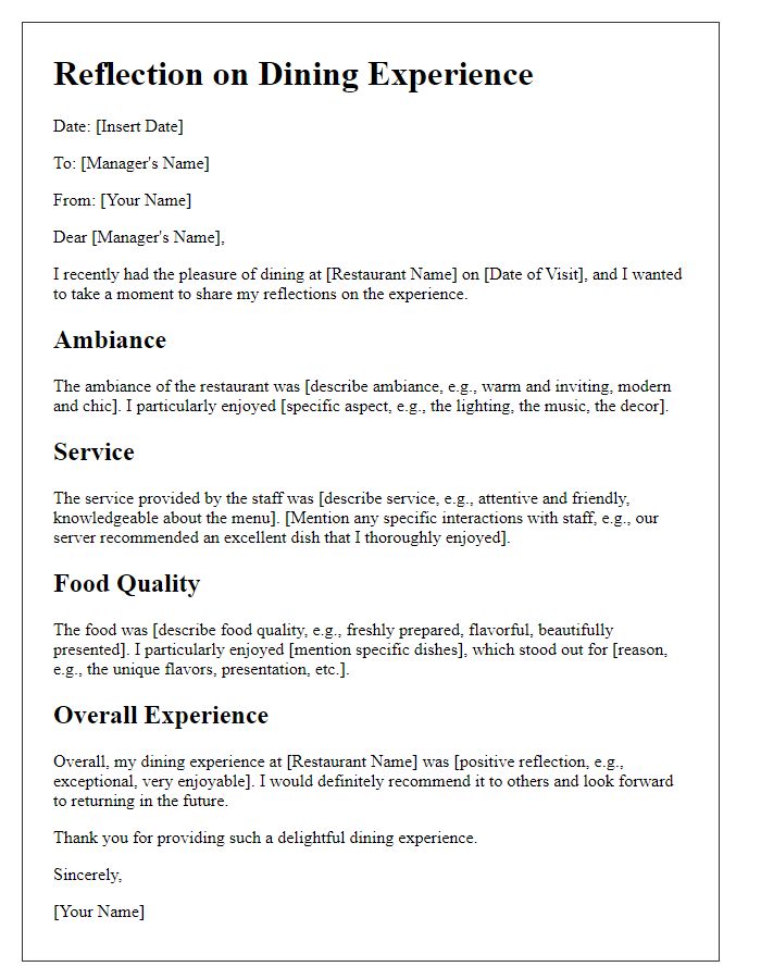 Letter template of reflections on dining experience service