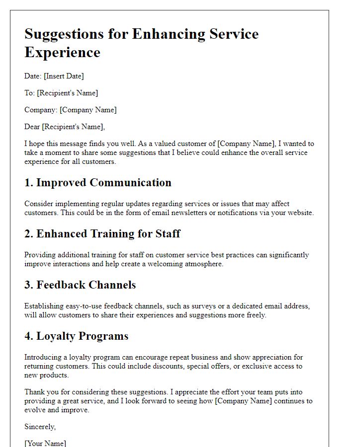 Letter template of suggestions for enhancing service experience