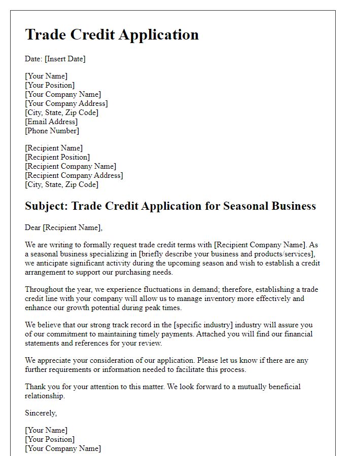 Letter template of trade credit application for seasonal businesses.