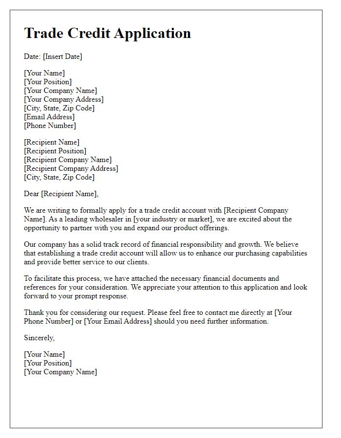 Letter template of trade credit application for wholesalers.