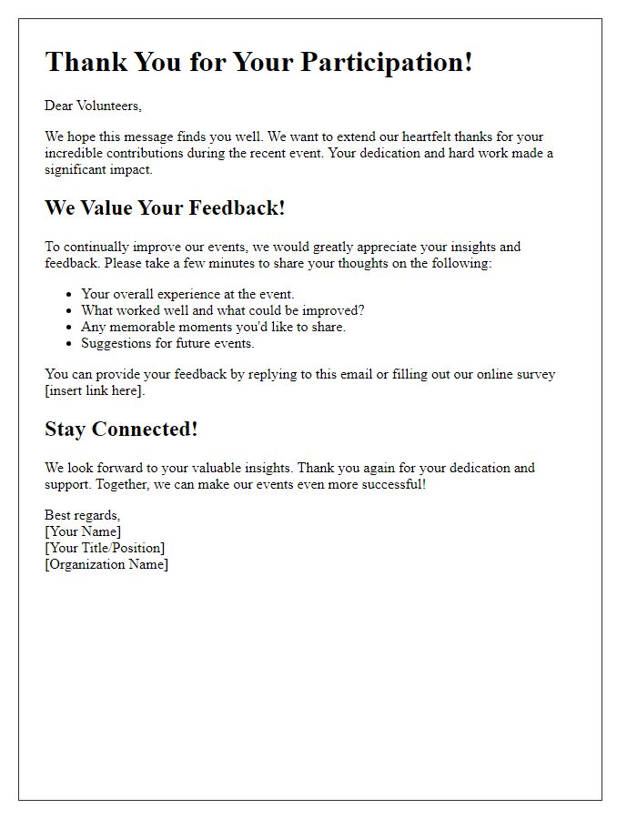 Letter template of post-event insights gathering for volunteers.