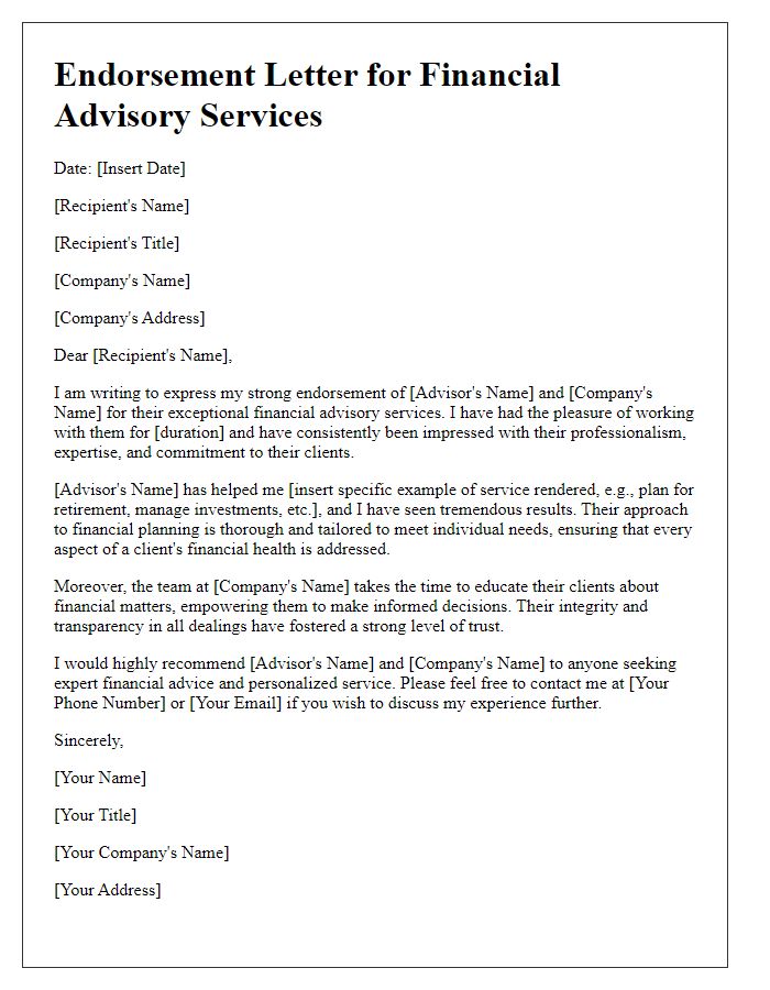 Letter template of endorsement for financial advisory services