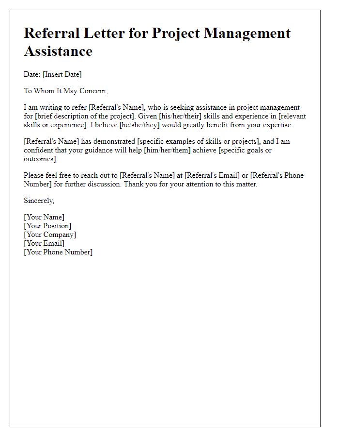 Letter template of referral for project management assistance