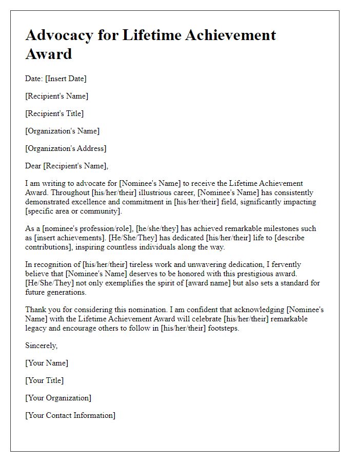 Letter template of advocacy for lifetime achievement award