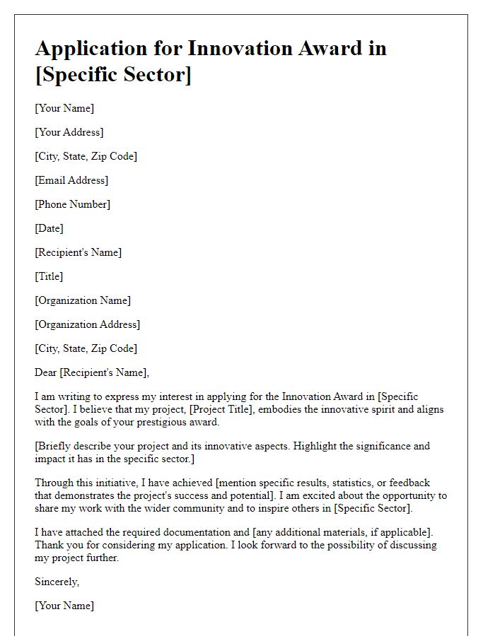 Letter template of application for innovation award in [specific sector]