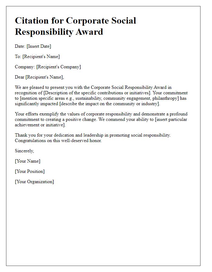 Letter template of citation for corporate social responsibility award