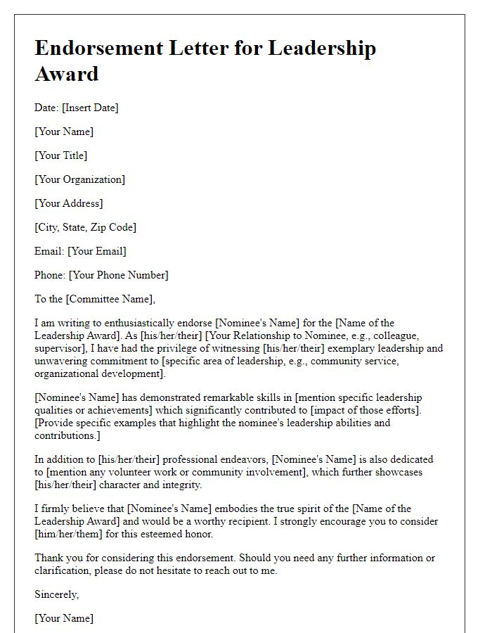 Letter template of endorsement for leadership award