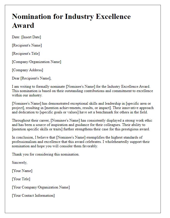 Letter template of nomination for industry excellence award