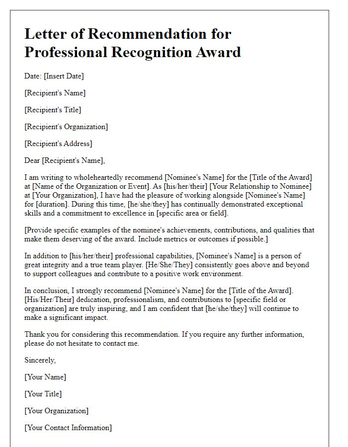 Letter template of recommendation for professional recognition award