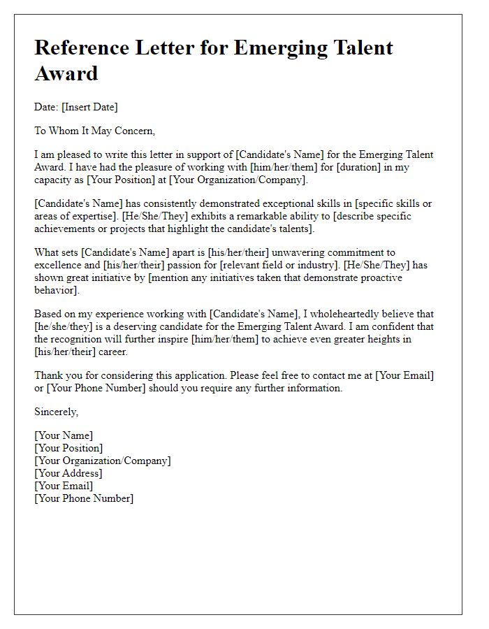 Letter template of reference for emerging talent award