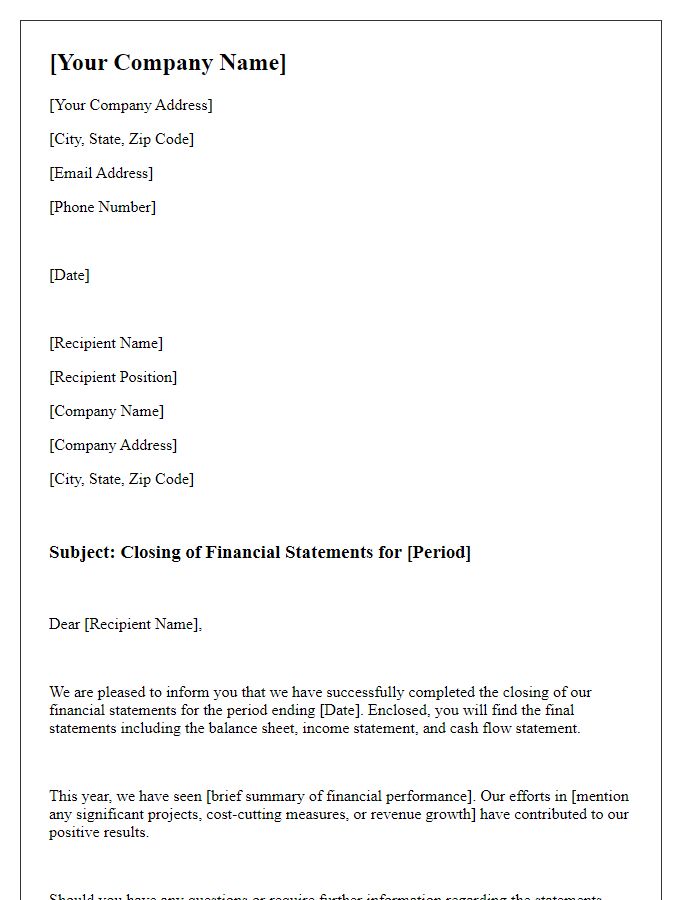 Letter template of closing financial statements