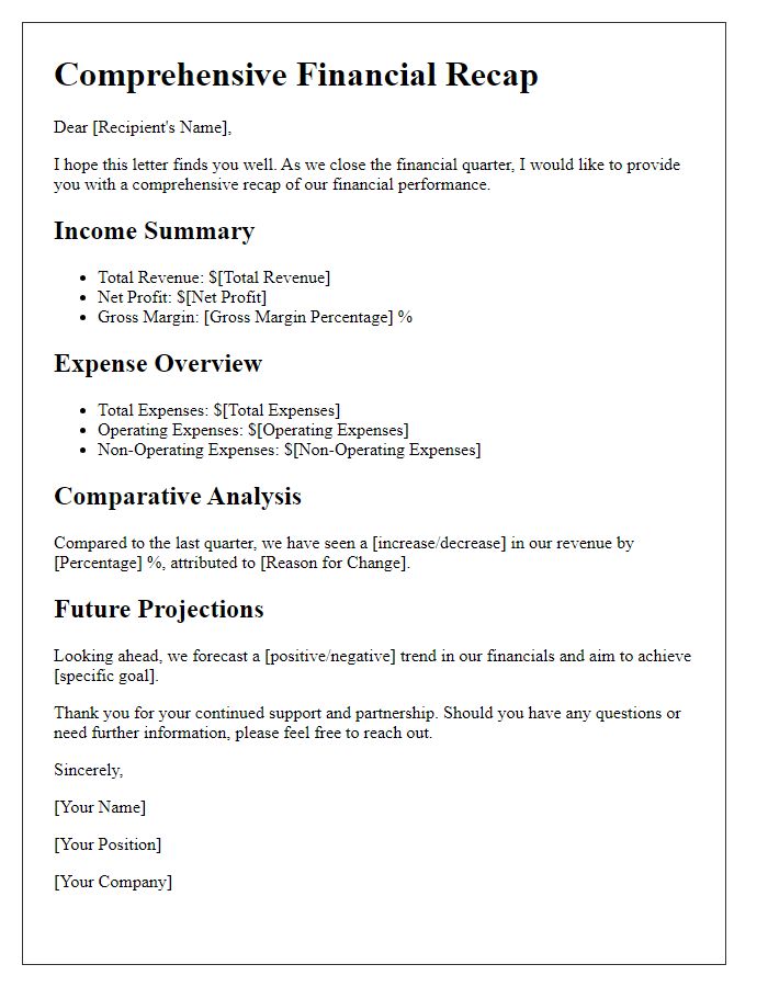 Letter template of comprehensive financial recap