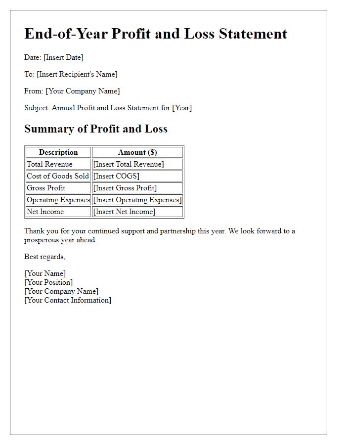 Letter template of end-of-year profit and loss statement