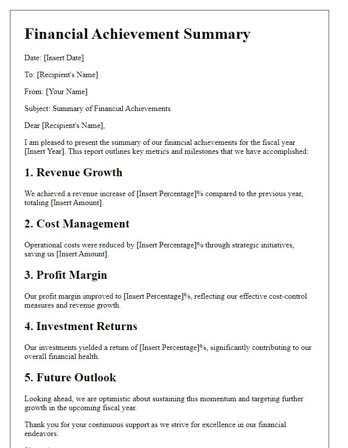 Letter template of financial achievement summary