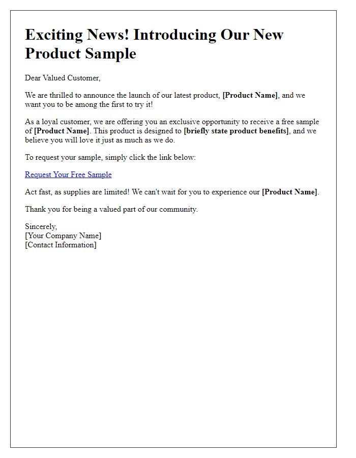 Letter template of product sample announcement for marketing campaign