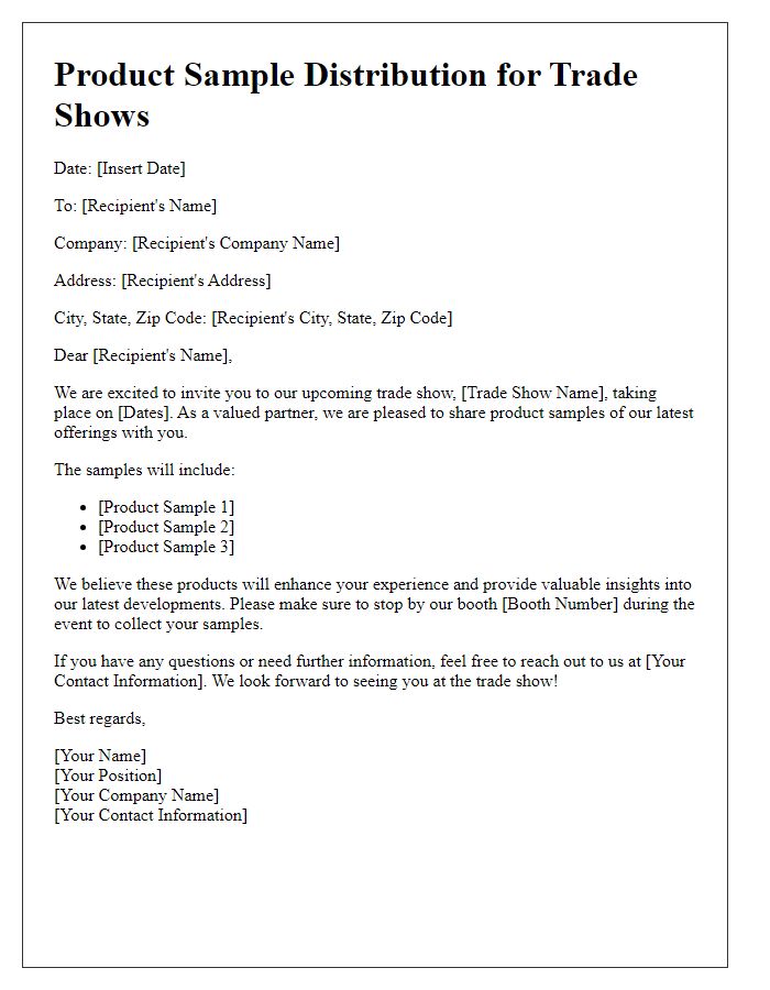 Letter template of product sample distribution for trade shows