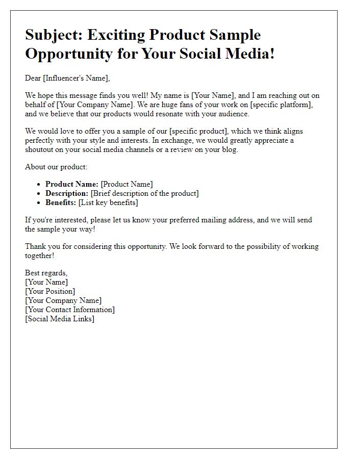 Letter template of product sample outreach for social media promotions