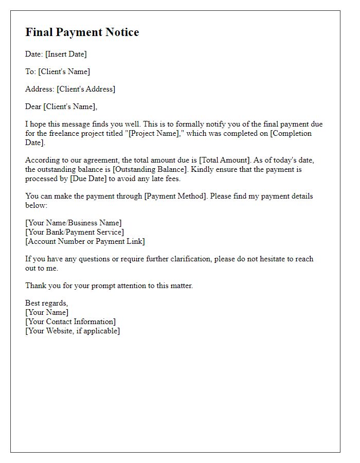 Letter template of final payment notice for freelance projects.