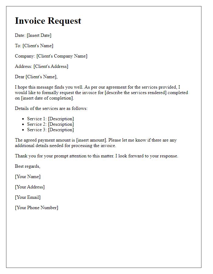 Letter template of freelance invoice request.