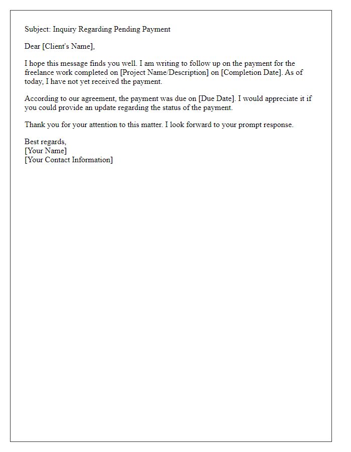 Letter template of pending payment inquiry for freelance work.