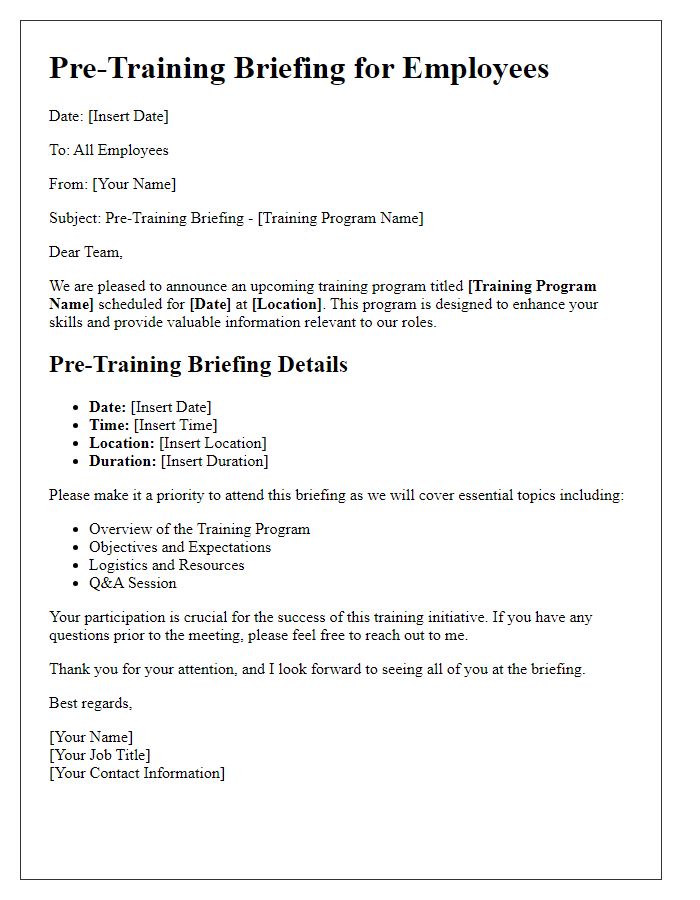 Letter template of pre-training briefing for employees