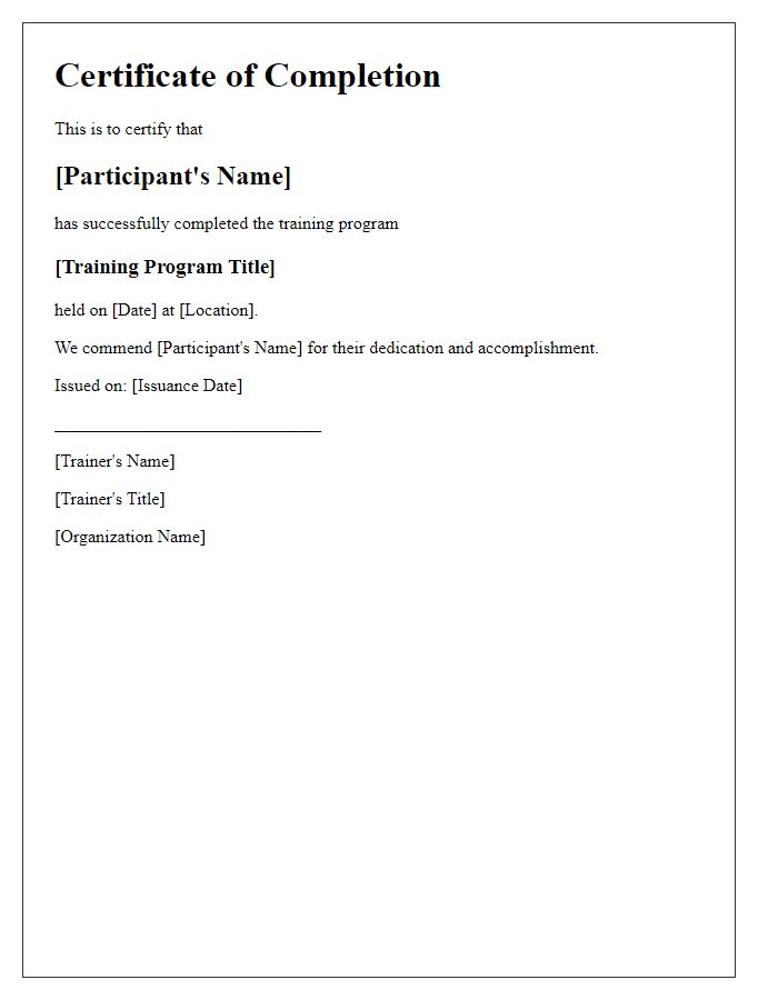 Letter template of training completion certificate issuance