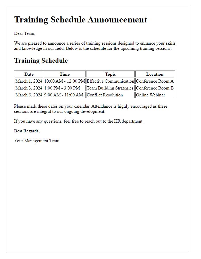 Letter template of training schedule announcement to staff