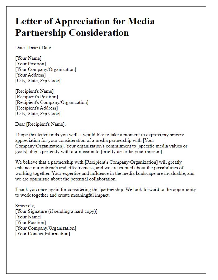 Letter template of appreciation for media partnership consideration