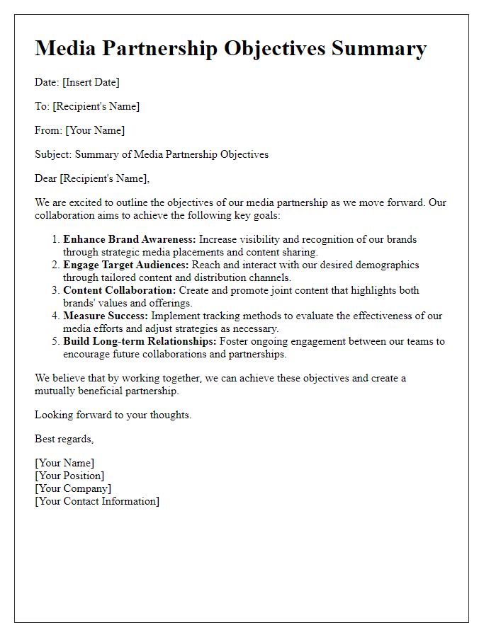 Letter template of summary of media partnership objectives