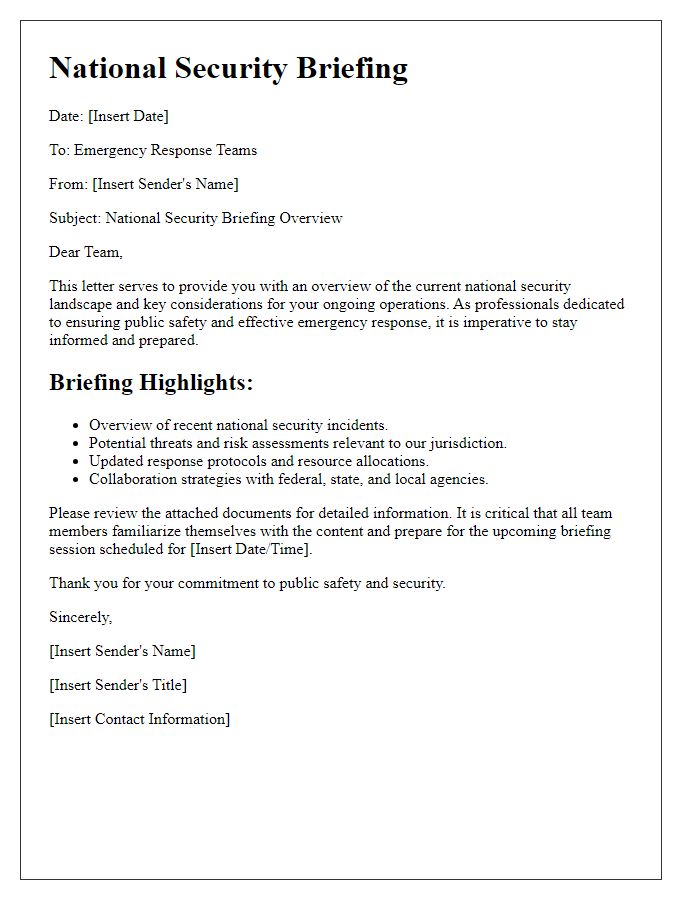 Letter template of National Security Briefing for Emergency Response Teams