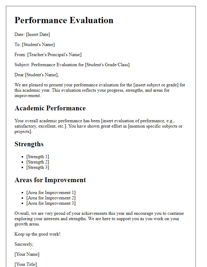 Letter template of performance evaluation for high school student