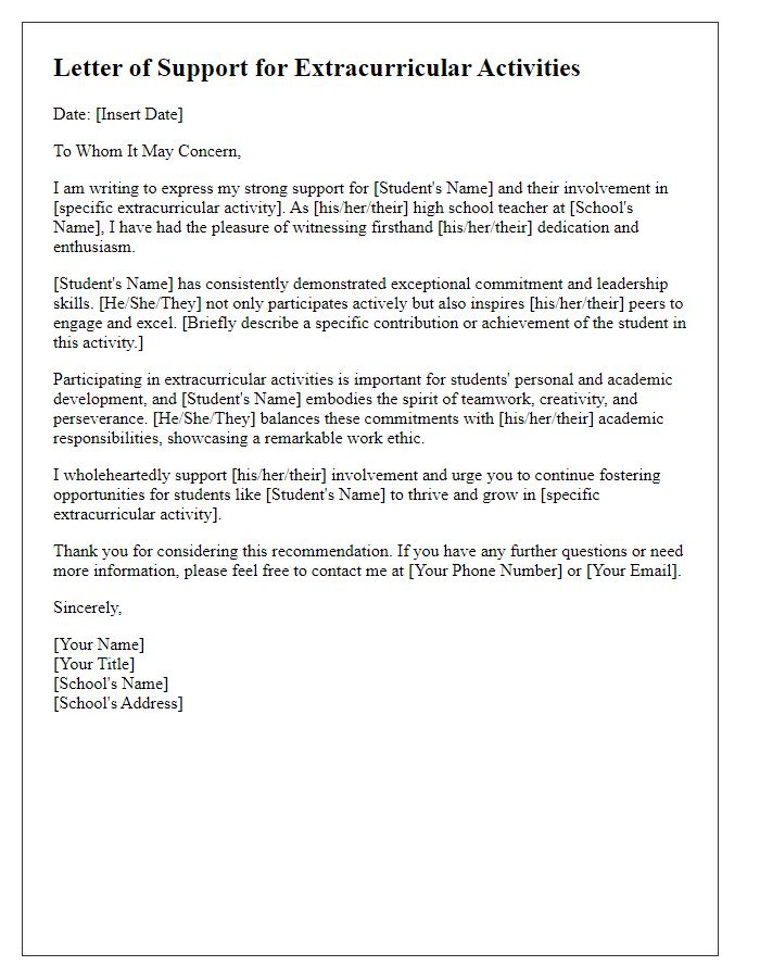 Letter template of support for extracurricular activities by high school teacher