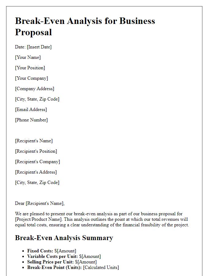 Letter template of break-even analysis for business proposal.