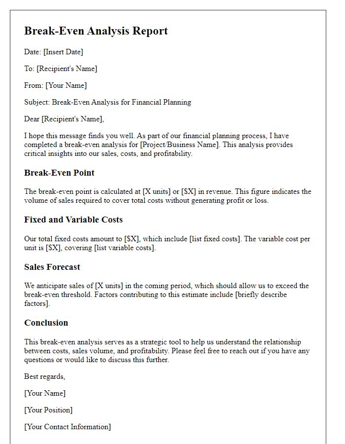 Letter template of break-even analysis for financial planning.