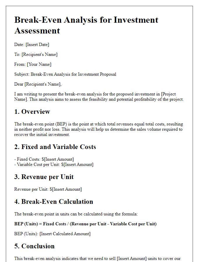 Letter template of break-even analysis for investment assessment.