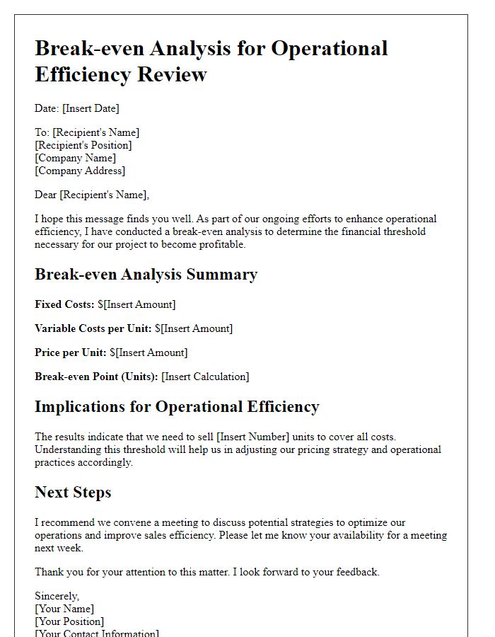 Letter template of break-even analysis for operational efficiency review.