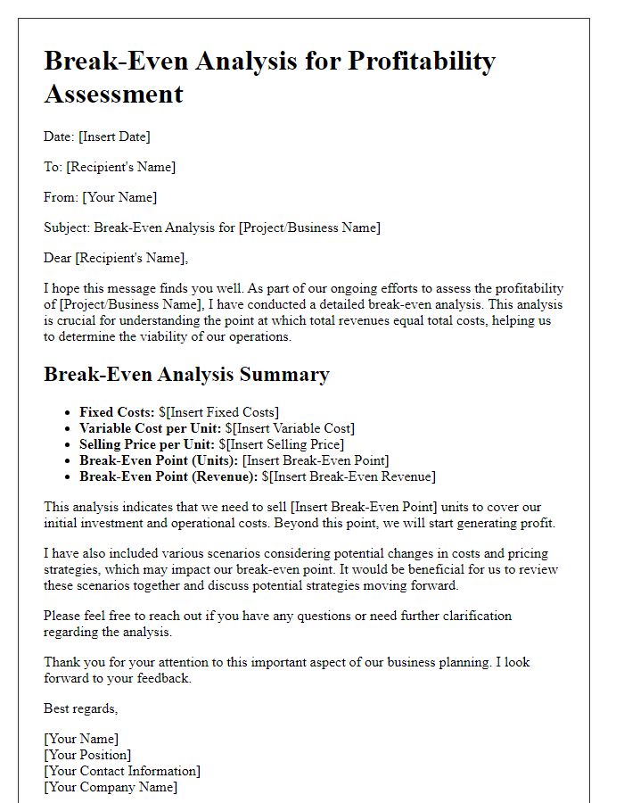 Letter template of break-even analysis for profitability assessment.