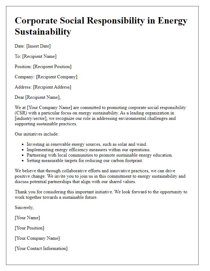 Letter template of corporate social responsibility in energy sustainability