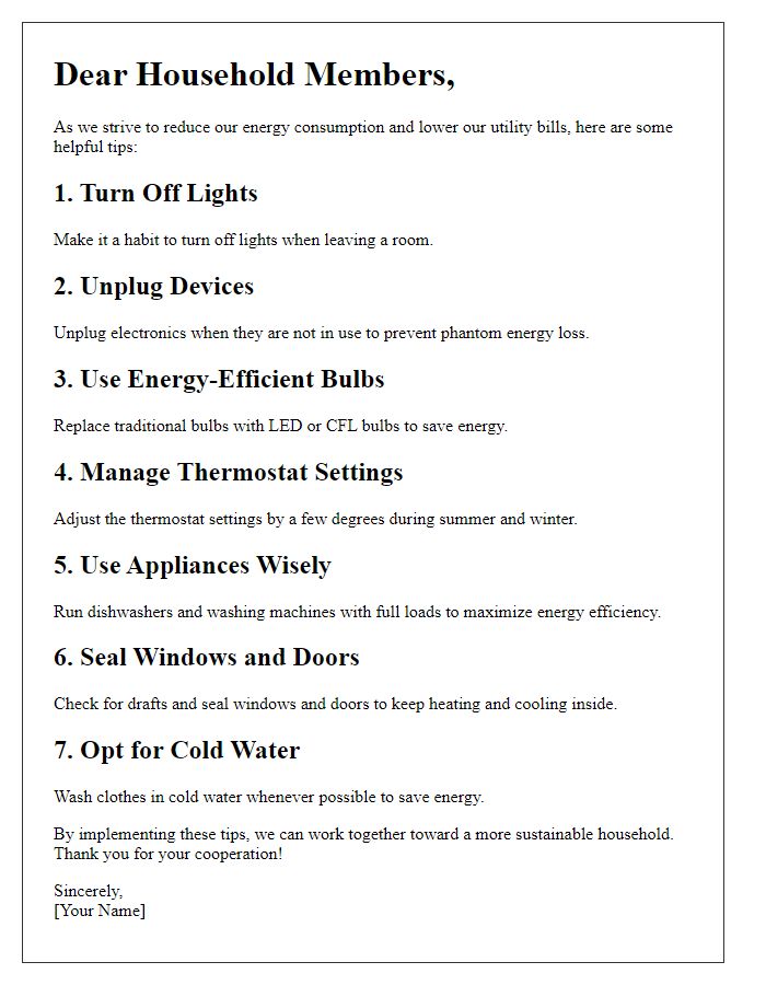 Letter template of household tips for reducing energy consumption