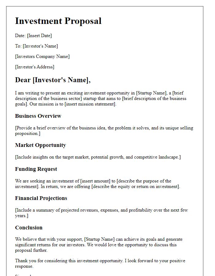 Letter template of startup capital investment proposal