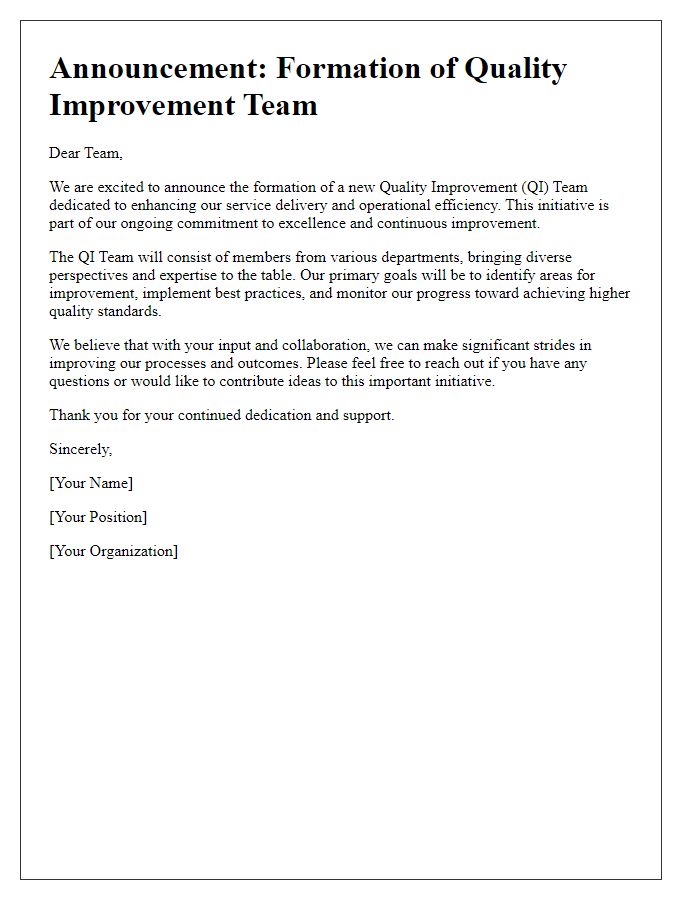 Letter template of announcement for quality improvement team formation