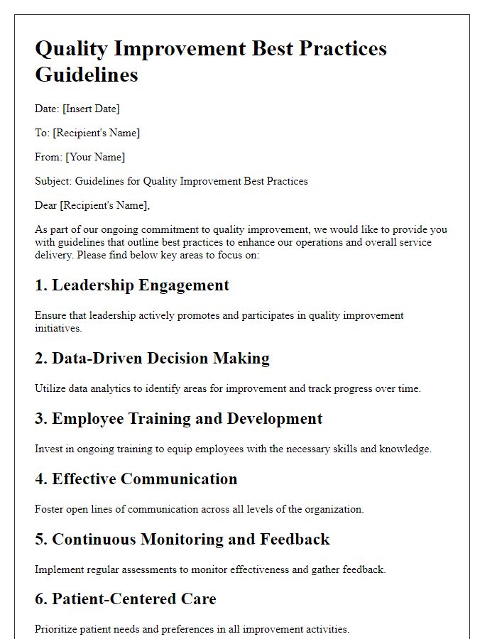 Letter template of guidelines for quality improvement best practices